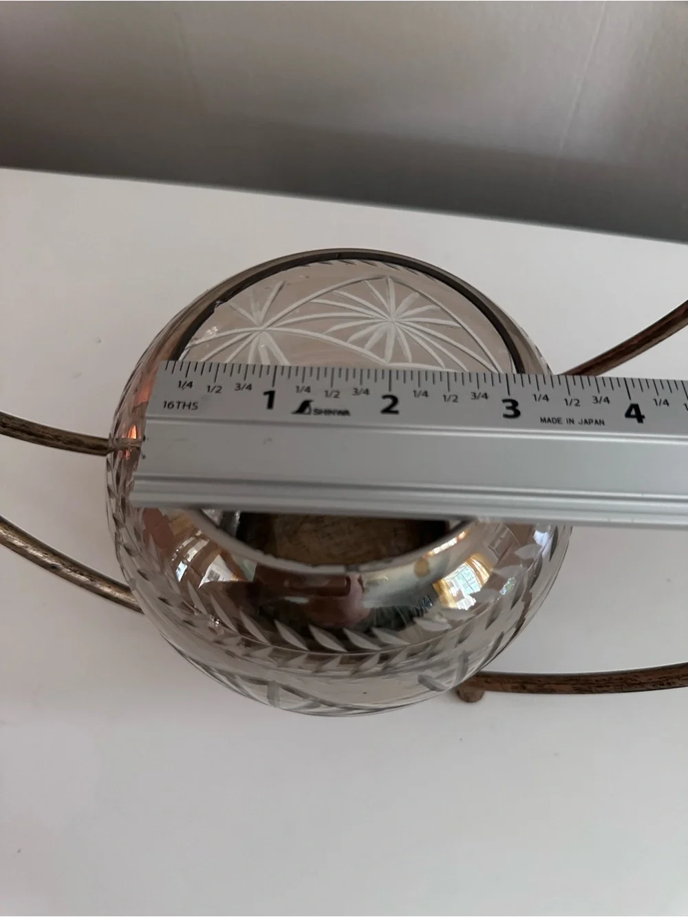 Etched Glass Globe With Distressed Brass Hoop Frame - Candle Holder or Planter